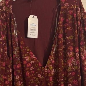 Time and Tru Floral Long Sleeve Dress - Burgundy and Pink